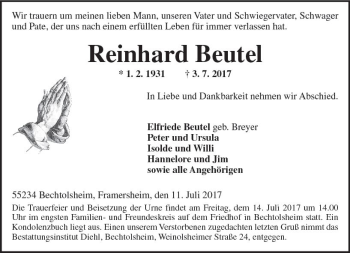 Traueranzeige von Reinhard Beutel von Trauerportal Rhein Main Presse