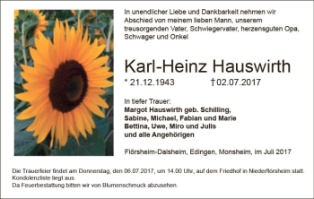 Traueranzeige von Karl-Heinz Hauswirth von Trauerportal Rhein Main Presse