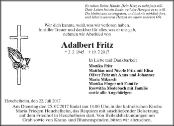 Traueranzeige von Adalbert Fritz von  Gießener Anzeiger