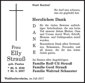 Traueranzeige von Elly Strauß von Trauerportal Rhein Main Presse