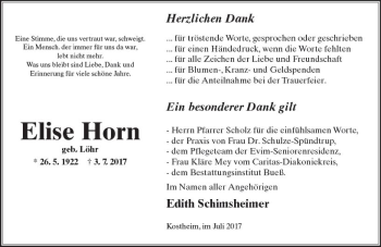 Traueranzeige von Elise Horn von Trauerportal Rhein Main Presse
