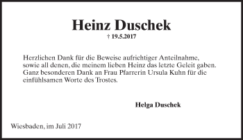 Traueranzeige von Heinz Duschek von Trauerportal Rhein Main Presse