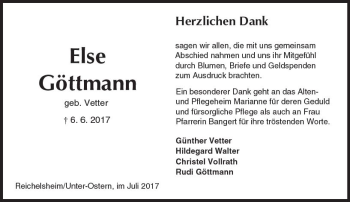 Traueranzeige von Else Göttmann von Trauerportal Echo Online