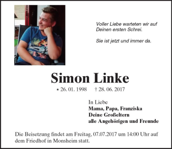 Traueranzeige von Simon Linke von Trauerportal Rhein Main Presse