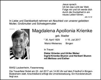Traueranzeige von Magdalena Apollonia Krienke von Trauerportal Rhein Main Presse