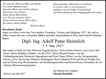 Traueranzeige von Adolf Peter Heimlich von Trauerportal Rhein Main Presse