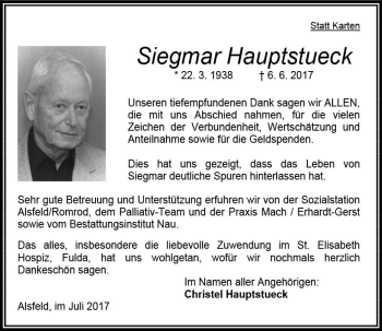 Traueranzeige von Siegmar Hauptstueck von VRM Trauer