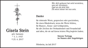 Traueranzeige von Gisela Stein von Trauerportal Rhein Main Presse