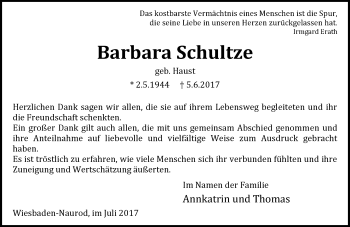 Traueranzeige von Barbara Schultze von Trauerportal Rhein Main Presse