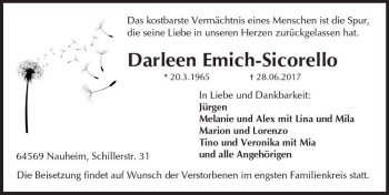 Traueranzeige von Darleen Emich-Sicorello von Trauerportal Echo Online