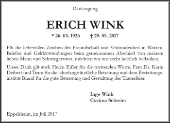 Traueranzeige von Erich Wink von Trauerportal Rhein Main Presse