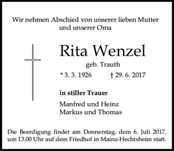 Traueranzeige von Rita Wenzel von Trauerportal Rhein Main Presse