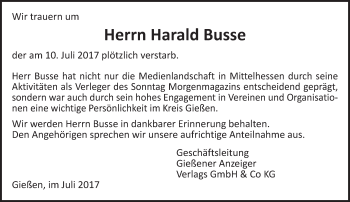 Traueranzeige von Harald Busse von  Gießener Anzeiger