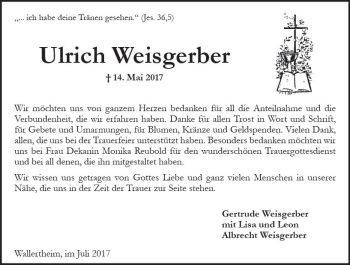 Traueranzeige von Ulrich Weisgerber von Trauerportal Rhein Main Presse