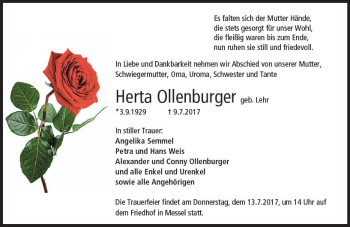 Traueranzeige von Herta Ollenburger von Trauerportal Echo Online
