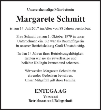 Traueranzeige von Margarete Schmitt von Trauerportal Echo Online