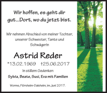 Traueranzeige von Astrid Reder von Trauerportal Rhein Main Presse