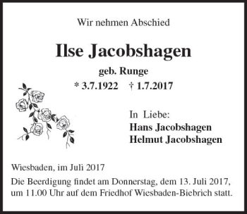 Traueranzeige von Ilse Jacobshagen von Trauerportal Rhein Main Presse