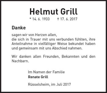 Traueranzeige von Helmut Grill von Trauerportal Rhein Main Presse