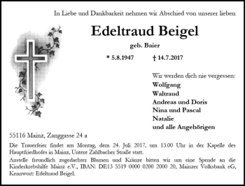 Traueranzeige von Edeltraud Beigel von Trauerportal Rhein Main Presse