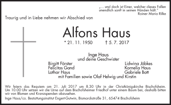 Traueranzeige von Alfons Haus von Trauerportal Rhein Main Presse