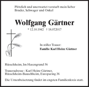 Traueranzeige von Wolfgang Gärtner von Trauerportal Rhein Main Presse