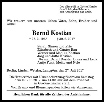Traueranzeige von Bernd Kostian von  Gießener Anzeiger