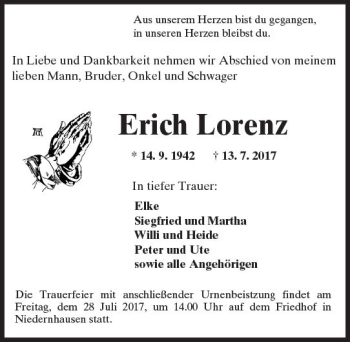 Traueranzeige von Erich Lorenz von Trauerportal Echo Online