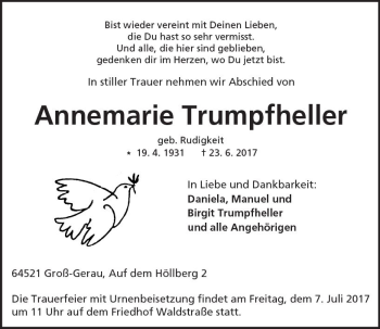 Traueranzeige von Annemarie Trumpfheller von Trauerportal Echo Online