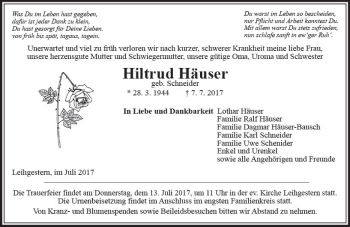 Traueranzeige von Hiltrud Häuser von  Gießener Anzeiger