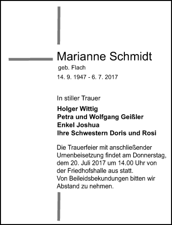 Traueranzeige von Marianne Schmidt von VRM Trauer