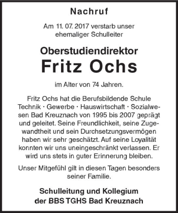 Traueranzeige von Fritz Ochs von Trauerportal Rhein Main Presse