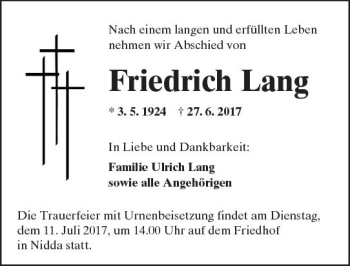 Traueranzeige von Friedrich Lang von  Kreisanzeiger