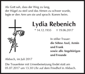Traueranzeige von Lydia Rebenich von Trauerportal Echo Online