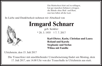 Traueranzeige von Irmgard Schnarr von VRM Trauer