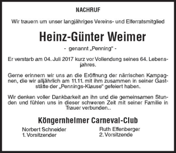 Traueranzeige von Heinz-Günter Weimar von Trauerportal Rhein Main Presse