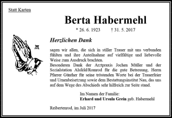 Traueranzeige von Berta Habermehl von VRM Trauer