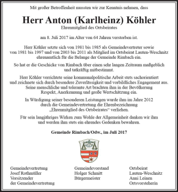 Traueranzeige von Anton Köhler von Trauerportal Echo Online