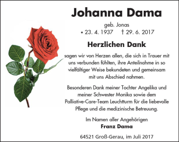 Traueranzeige von Johanna Dama von Trauerportal Echo Online
