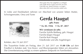 Traueranzeige von Gerda Haugut von  Kreisanzeiger