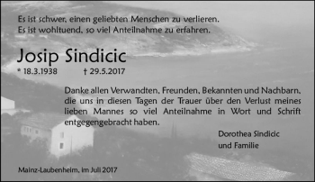 Traueranzeige von Josip Sindicic von Trauerportal Rhein Main Presse