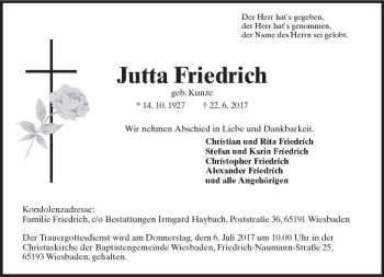 Traueranzeige von Jutta Friedrich von Trauerportal Rhein Main Presse