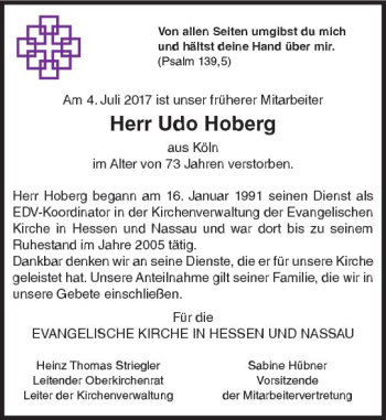 Traueranzeige von Udo Hoberg von Trauerportal Echo Online
