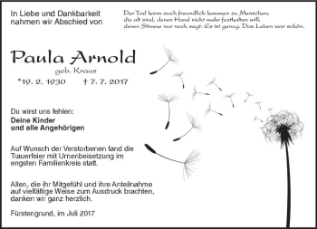 Traueranzeige von Paula Arnold von Trauerportal Echo Online