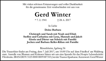 Traueranzeige von Gerd Winter von Trauerportal Rhein Main Presse