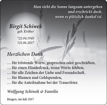 Traueranzeige von Birgit Schiwek von Trauerportal Rhein Main Presse