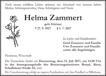 Traueranzeige von Helma Zammert von Trauerportal Rhein Main Presse