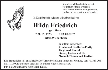 Traueranzeige von Hilda Friedrich von Trauerportal Echo Online