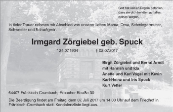 Traueranzeige von Irmgard Zörgiebel von Trauerportal Echo Online