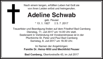 Traueranzeige von Adeline Schwab von  Camberger Anzeiger
